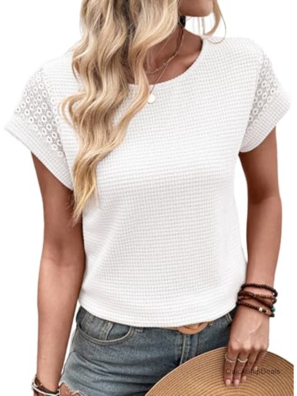 Waffle Knit Lace Short Sleeve Crewneck Loose Fit Casual Summer Tee Top